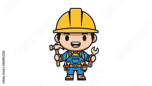 Cartoon Construction Worker with Tools.
