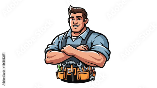 Cartoon Handyman with Tool Belt Standing.