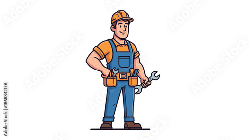 Cartoon Mechanic Standing with Wrench and Tools.