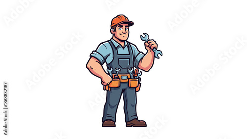 Cartoon Plumber Holding Wrench and Tools.
