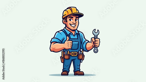 Cartoon Repairman with Wrench and Thumbs Up.