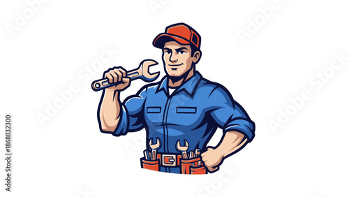 Handyman Holding Spanner Wrench Toolbelt.