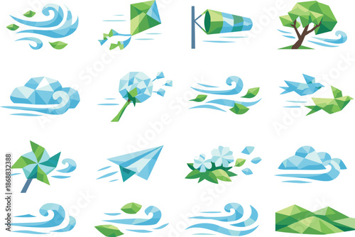 Spring Breeze Icons. Modern low-poly vector illustration set showcasing spring wind via crisp triangular geometry and faceted
