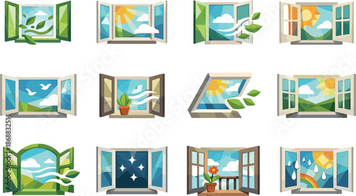 Geometric Window Icons. Low-poly vector icon set of opening windows symbolizing fresh air and renewal, rendered in sharp geometric