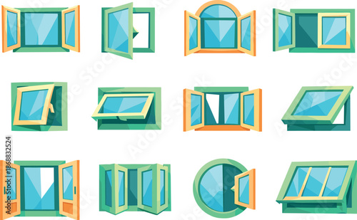 Minimalist Window Icons. Stylized low-poly opening window icons designed with sharp angular polygons and faceted architectural