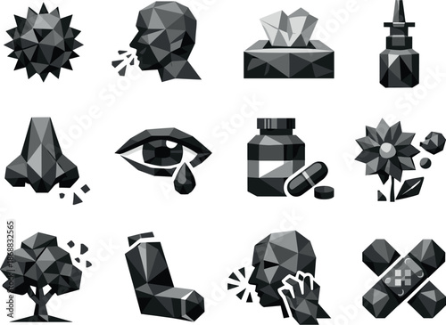 Pollen Allergy Icons. Professional low-poly vector icon collection representing pollen allergy and seasonal sensitivity using