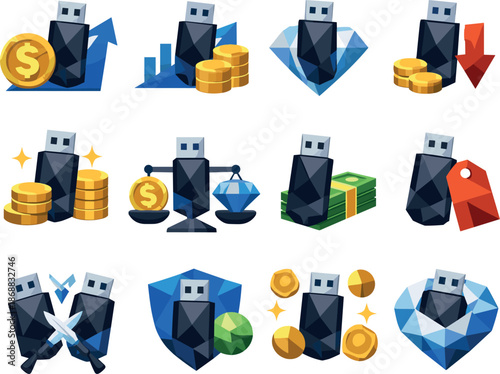 Flash Drive Icon Set. Modern low-poly vector illustration set visualizing flash drive pricing and portable data storage value