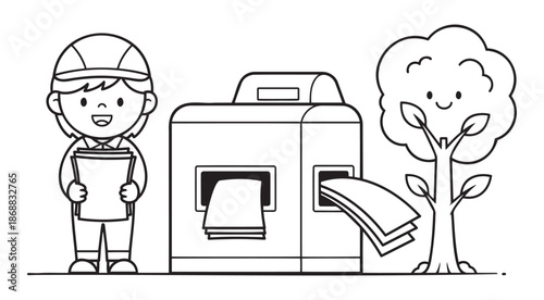 Black and white coloring page of boy with recycled paper machine and smiling tree — ideal for resource conservation, eco education and sustainable future content.
