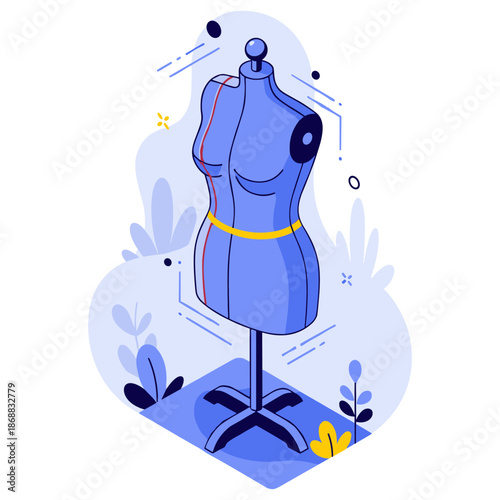 Blue tailor mannequin with yellow measuring tape in abstract background