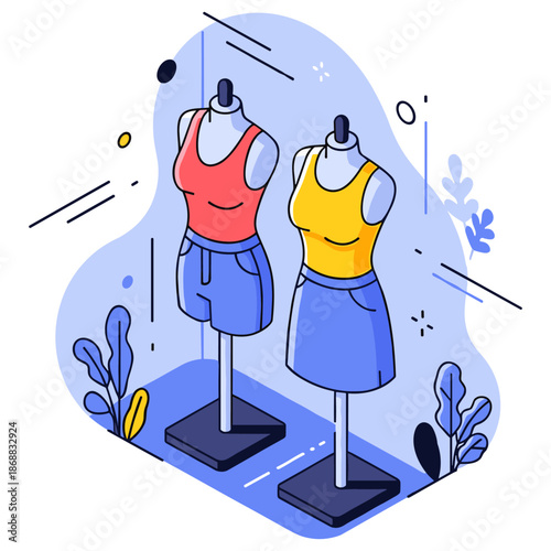 Colorful mannequins displaying casual summer outfits with tops and shorts