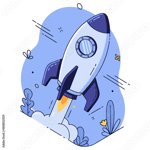 Cartoon rocket launch with blue background and abstract elements