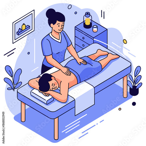 Female massage therapist giving relaxing spa treatment to male client on table