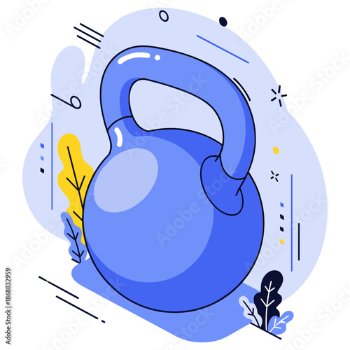 Blue kettlebell illustration with abstract design elements