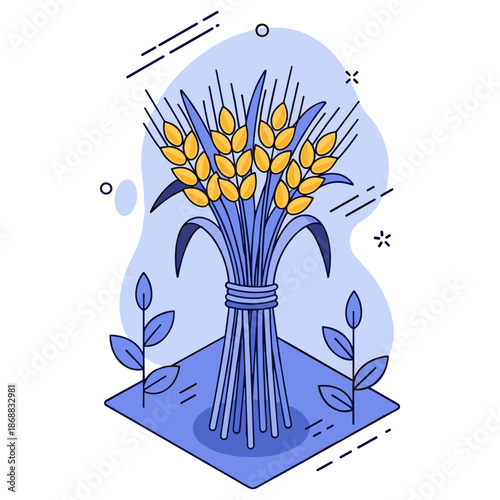 Stylized wheat sheaf with blue leaves and decorative elements
