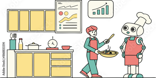 Culinary Collaboration: A robotic chef assists a human cook in a modern kitchen. Capturing the blend of technology and culinary expertise.