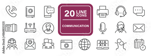 Set of Linear Communication Icons of Phone Address Book Message and Other Elements for Connection and Global Network Isolated on White Background Vector Illustration