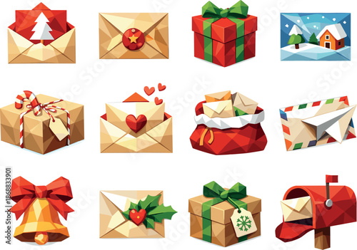 Festive Mail Icons. Low-poly polygonal vector icon set focused on festive mail, holiday letters, seasonal parcels, and celebratory