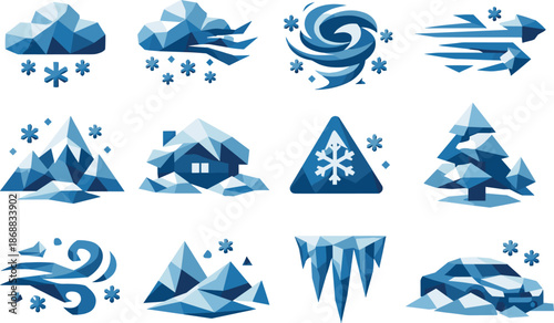 Winter Storm Icon Set. Low-poly vector icon set for winter blizzard and snowstorm conditions, featuring sharp polygonal geometry,