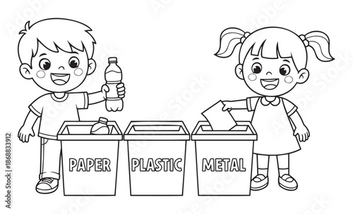 Black and white coloring page of boy and girl sorting paper, plastic and metal into labeled bins — ideal for recycling education, waste management and children’s environmental activity.