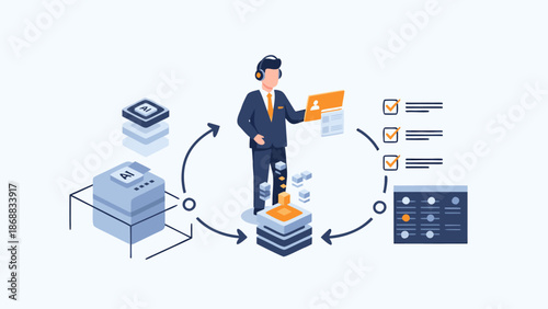 Intelligent Automation System Data Processing Workflow with AI Servers and Task Management Oversight Business Professional Oversees Modern Technology