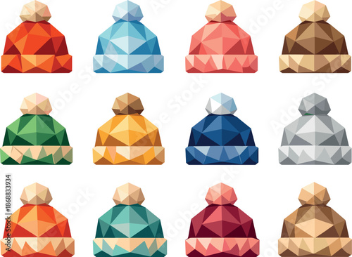 Low-Poly Winter Hat Icons. Knitted winter hat concept illustrated as a cohesive low-poly vector icon set built from angular