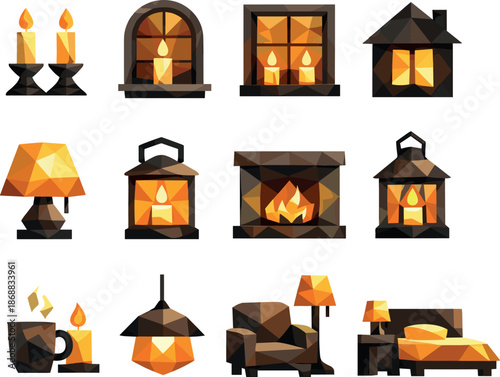 Candlelit Icon Set. Window candles and cozy home illumination represented through a professional low-poly vector icon set using