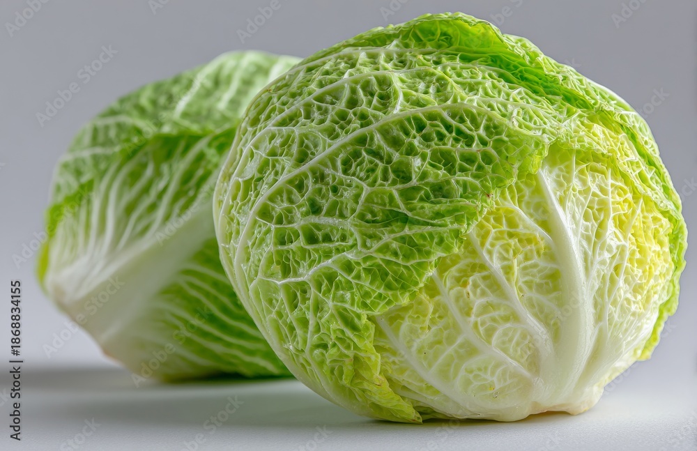 Fototapeta premium A whole green cabbage with a smooth surface and tightly packed leaves provides a fresh, crisp texture and light green color, making it ideal for healthy meals, cooking, and dietary requirements