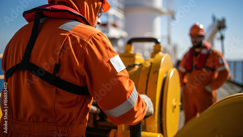 Two men wearing bright orange protective overalls and life vests are visible on the deck of an oil extraction ship under a sunny sky.