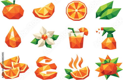 Citrus Low-Poly Icons. Tangerine flavor and citrus aroma concept visualized as a cohesive low-poly vector icon set built from