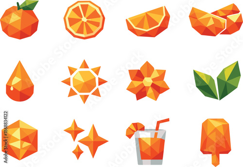 Tangerine Icon Set. Citrus tangerine taste experience expressed through a low-poly vector icon set with crisp polygonal shapes,