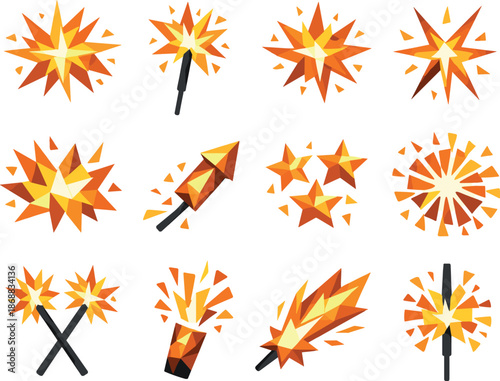 Festive Sparkler Icons. Celebration sparkler fire and bengal light effects illustrated as a low-poly vector icon set with sharp