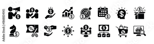 Set of Marketing Strategy Icons Solid Style Megaphone Teamwork Investment Growth Target Calendar Idea Innovation Development Planning Financial Business Advertising