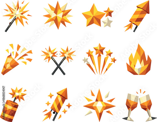 Sparkler Icon Set. Bengal sparkler and celebratory fire light visualized through a cohesive low-poly vector icon set built from