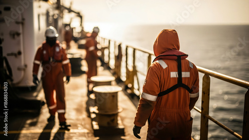 A medium-close, eye-level shot captures several maritime or oil rig workers, all dressed in orange coveralls with reflective stripes, walking along a sunny deck of a vessel or offshore platform.