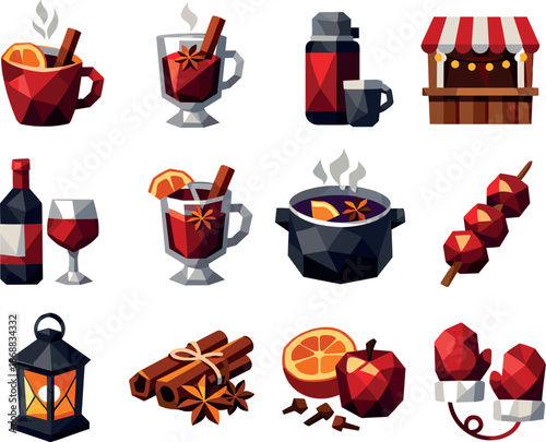 Winter Market Icons. Street mulled wine and winter market beverage concept represented through a professional low-poly vector icon