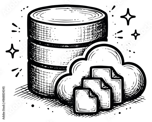 Hand drawn line art illustration of a database server and cloud storage depicting data synchronization for technology concepts