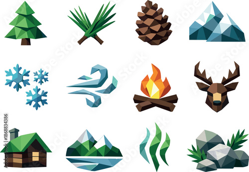 Pine Forest Icon Set. Scent of pine needles and winter forest air illustrated as a low-poly vector icon set with sharp polygon