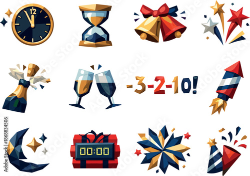 New Year Icon Set. Low-poly vector icon set for New Year clock chimes and midnight countdown, featuring angular polygonal geometry
