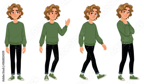 Animated young caucasian male character with curly hair in green sweater and jeans poses