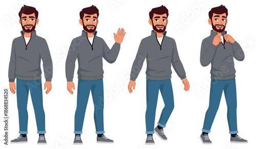 Animated male character in gray jacket and blue jeans posing with varied gestures