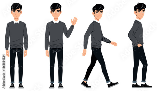 Young caucasian male cartoon character in various poses and outfits