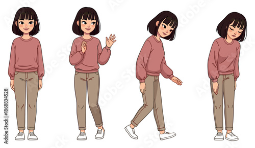 Animated asian female character in casual outfit depicting different poses