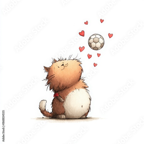 Cute Cat Playing with Ball and Hearts Illustration