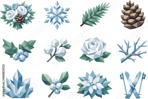 Winter Floral Icon Set. Elegant winter bouquet and frosty floral elements visualized as a low-poly vector icon set with sharp