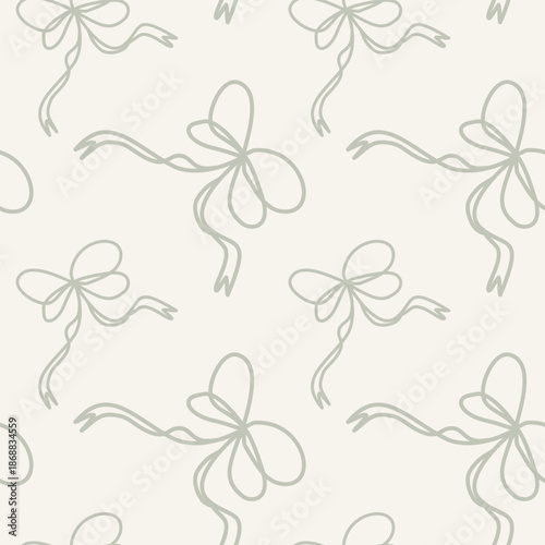 Seamless vector pattern featuring elegant line-art bows on a neutral background. Symbolizing "coquette" aesthetic, delicate femininity, and modern grace