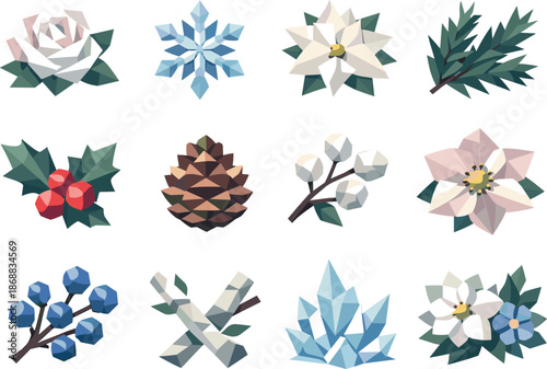 Winter Floral Icons. Winter floral bouquet concept illustrated as a cohesive low-poly vector icon set built from angular polygonal