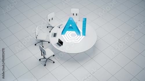 Futuristic business meeting setup featuring artificial intelligence technology.
Animation of the emerging artificial intelligence symbol that is replacing corporate jobs.