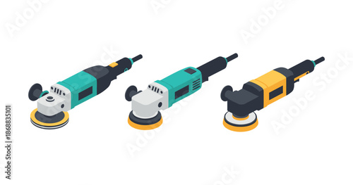 Set of three electric power polishers on white background