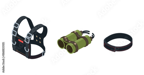Isometric harness, binoculars, and collar on white background