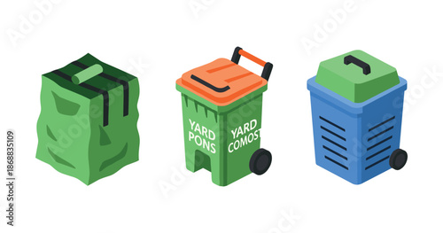 Set of three compost and yard waste bins in green and blue colors